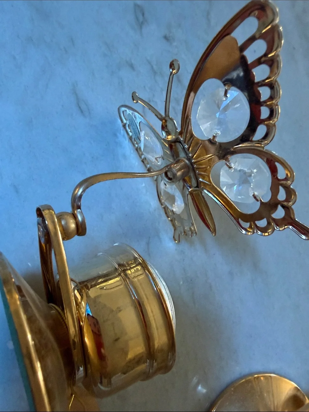 Gold Butterfly Tea Light Holders with Crystal Accents,vintage 24k gold plated,2